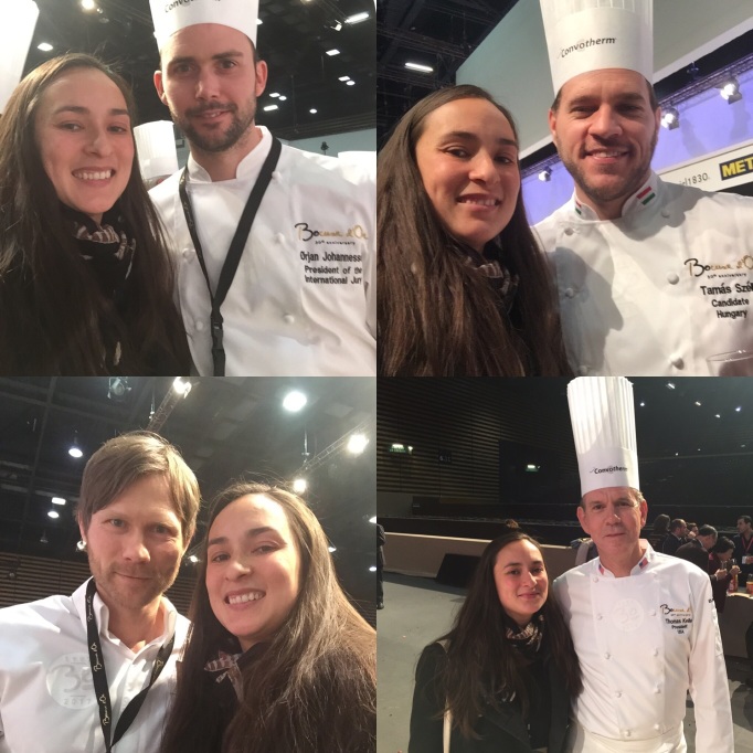 Selfies with all the famous chefs (clockwise from top left: Bocuse d'or Gold 2015 Norwegian Orjan; Bocuse Europe 2016 winner Hungarian Tomas; 3 time Bocuse podium placer Danish Rasmus, and the USA Bocuse team coach Thomas Keller